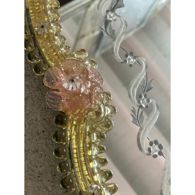 Venetian Oval Gold and Pink Floreal Hand-Carving Mirror in Murano Glass For Sale - Image 6 of 8