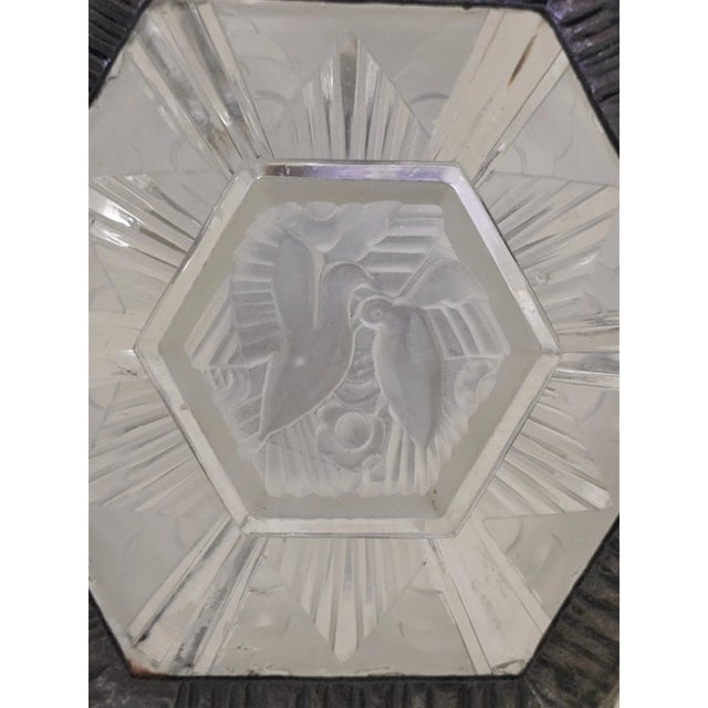 Early 20th Century French Art Deco Hand Forged Iron + Glass Chandelier With Scroll + Flowers by Verrerie Des Hanots For Sale In New York - Image 6 of 12