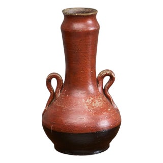 Mid-Century Red and Black Studio Pottery Vase with Sculptural Handles, 1930s For Sale