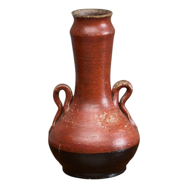 Mid-Century Red and Black Studio Pottery Vase with Sculptural Handles, 1930s For Sale
