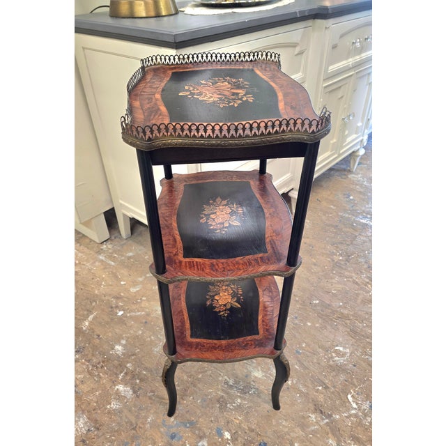 Black Antique Napoleon III Three Tier Stand With Marquetry For Sale - Image 8 of 12