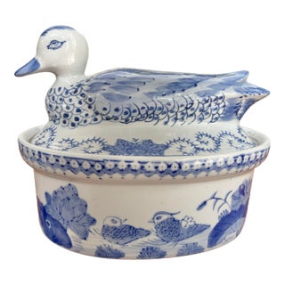 Vintage Stoneware Blue and White Chinoiserie Duck Casserole Dish For Sale