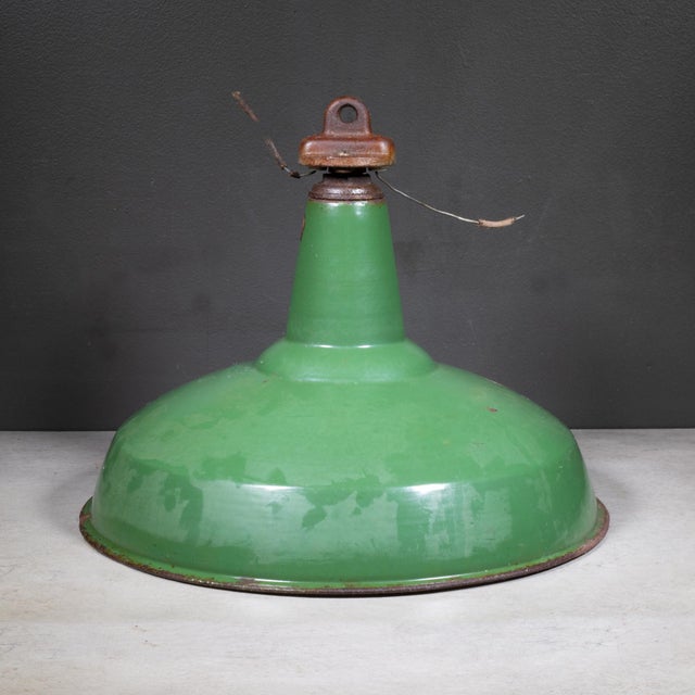Mid 20th Century Benjamin 16" Enameled Porcelain Green Industrial Pendant Lights c.1950-Set of Two For Sale - Image 5 of 11