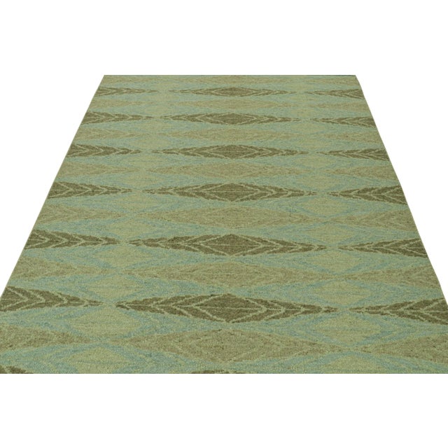 2010s 2010s Rug & Kilim’s Scandinavian Style Kilim With Green Geometric Patterns on Blue For Sale - Image 5 of 8