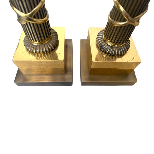 Metal 1990s Top Brass Neoclassical Solid Brass Column Table Lamps - a Pair For Sale - Image 7 of 13
