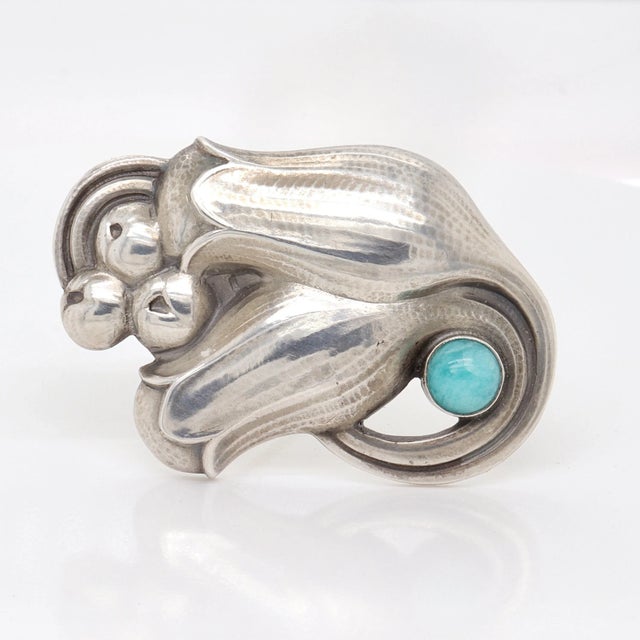 Silver Vintage Georg Jensen Sterling Silver Tulip Brooch No.100b With Amazonite Cabochon For Sale - Image 8 of 12