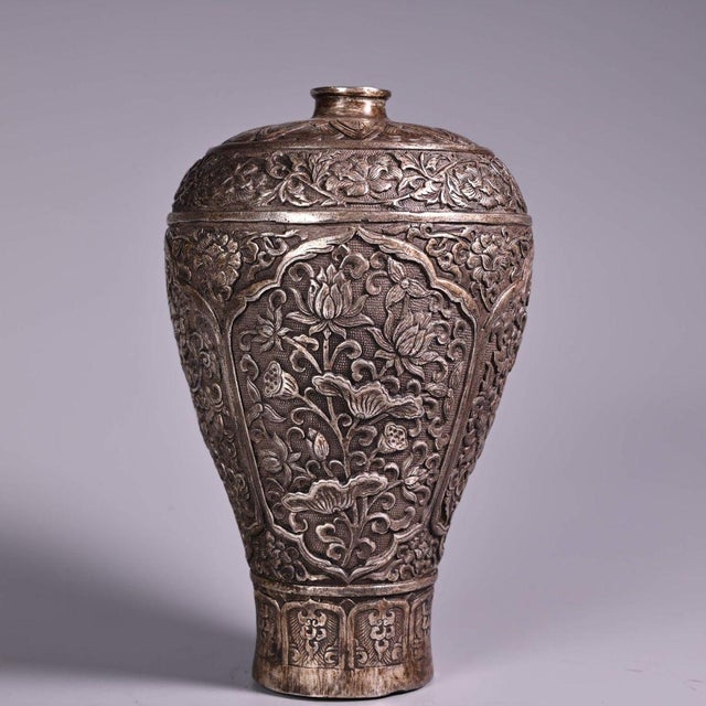 Pair of Vintage Silver-Toned Bronze Vases - Repoussé Floral Motif, Meiping Form For Sale - Image 9 of 9