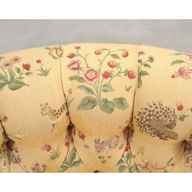 Pair of Tufted Lounge Chairs + Ottoman in Butter Print Fabric For Sale - Image 13 of 18