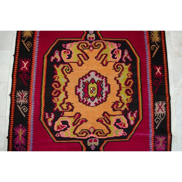 Textile Handwoven Turkish Kilim Rug Anatolian Tribal Magenta Rug - 6′2″ X 13′3″ For Sale - Image 7 of 12