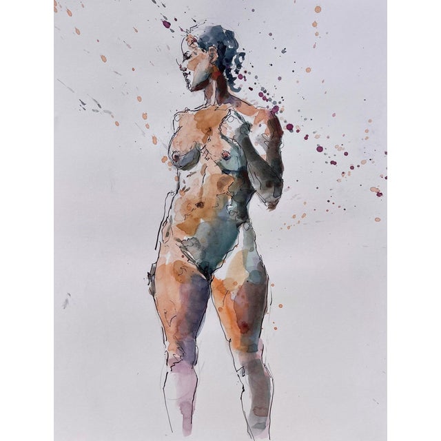 Untitled 18 by Clyde Steadman | Watercolor on paper of a standing figure with splashes of color For Sale