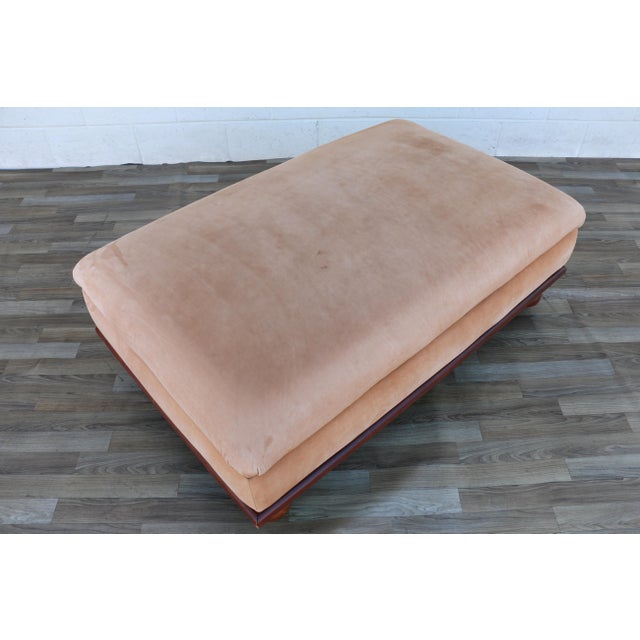 Oversized Vintage Ralph Lauren Tan Leather & Wood Ottoman With Bun Feet For Sale - Image 12 of 18
