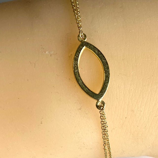 Contemporary 18k Yellow Gold Double-Chain Bracelet With Marquise Charm For Sale - Image 3 of 7