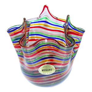 1980s MCM Murano Campanella Italy Art Glass Spiral Swirl Filigrana Fazzoletto 4 3/4" Vase