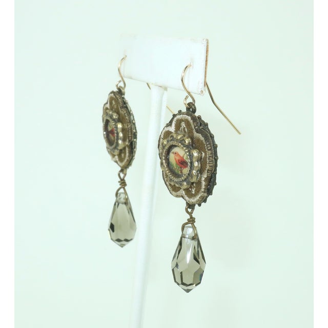 Victorian Elements Jill Schwartz Collage Crystal Drop Earrings With Bird Motif For Sale - Image 3 of 10
