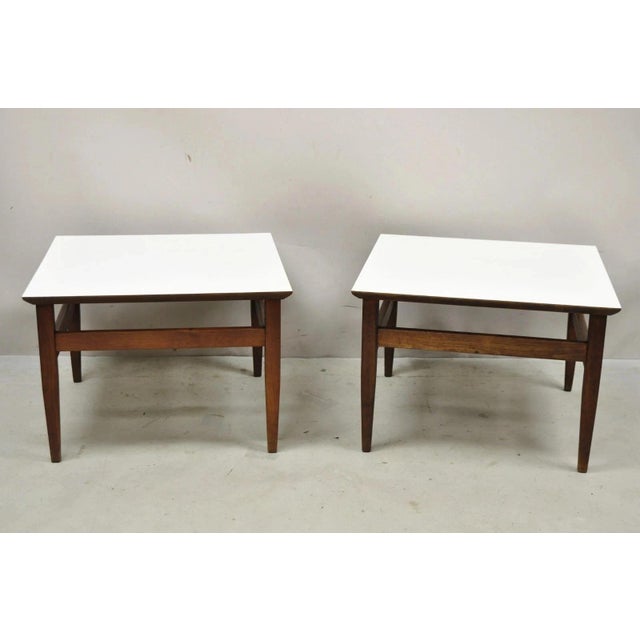 Vintage Mid Century Modern Walnut Base Laminate Top Low Side Tables - a Pair. Item features a nice low form, white...