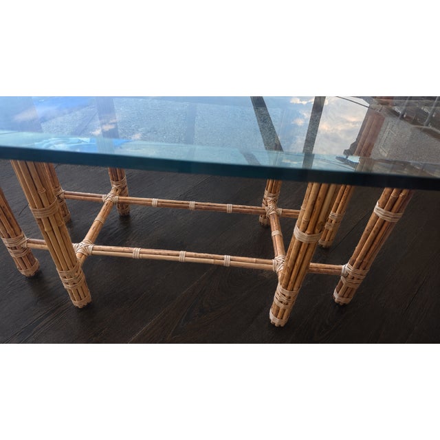 Light Yellow Late 20th Century McGuire Attributed Bamboo Rattan Glass Dining Table | Rectangular 72” Dining Table For Sale - Image 8 of 9