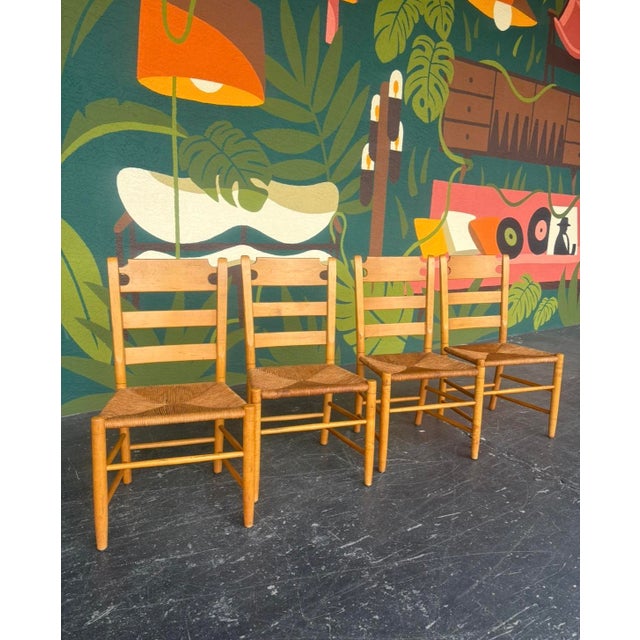 Mid 20th Century Vintage Beechwood and Rush Ladderback Dining Chairs - 4 For Sale - Image 5 of 12