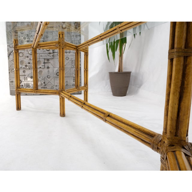 Mid 20th Century Large Bamboo & Leather Frame 3/4" Thick Glass Top Dining Conference Table For Sale - Image 6 of 18