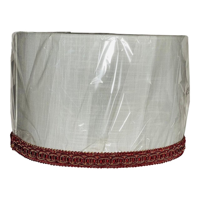 1990s Shabby Chic White Linen Lamp Shade With Red Gold Trim For Sale