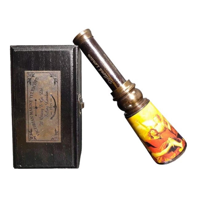 Vintage Style Brass and Wood Telescope With Box and Art Panel For Sale