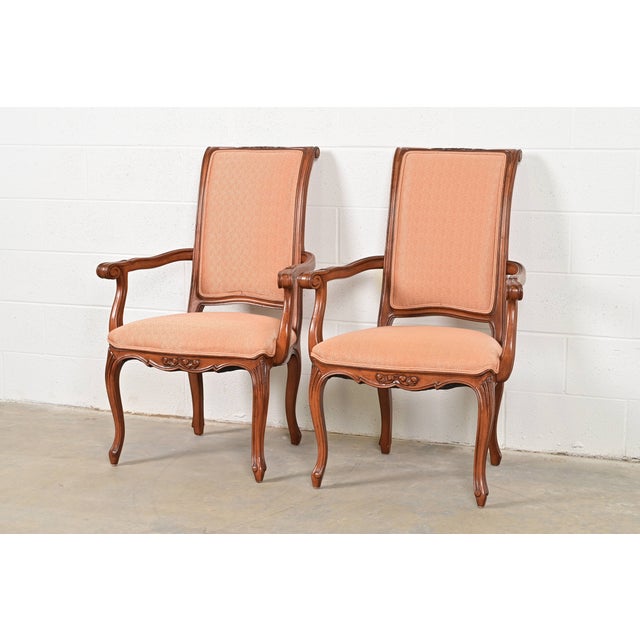 French Provincial Baker Furniture French Provincial Louis XV Carved Walnut Armchairs or Dining Captain Chairs, Pair For Sale - Image 3 of 13