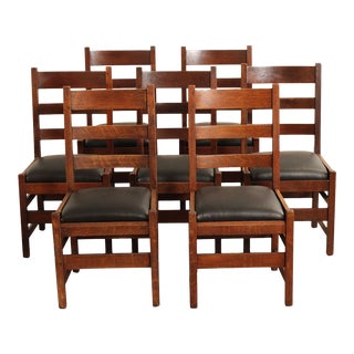Mission Style Assembled Set of Seven Oak Ladder Back Dining Chairs For Sale