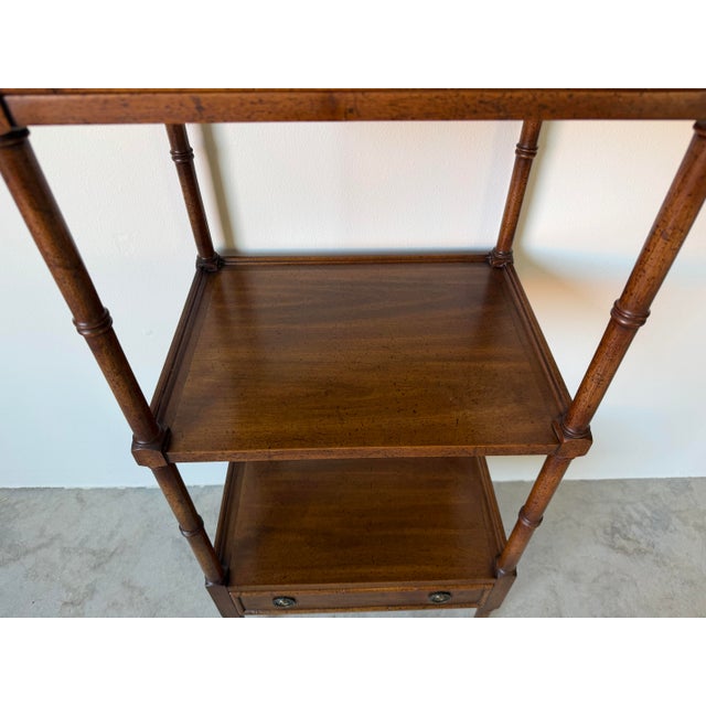 1970s 1970’s Vintage Mount Airy Three-Tier Walnut Etagere With Drawers & Brass Casters For Sale - Image 5 of 12