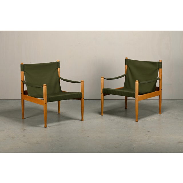Mid-Century Modern Vintage Danish Safari Chairs in Oak and Forest Green Canvas Fabric by Erik Wørts, 1970s, Set of 2 For Sale - Image 3 of 18