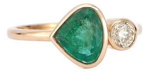 14k Gold Ring With Natural Diamond and Trillion-Cut Emerald, New