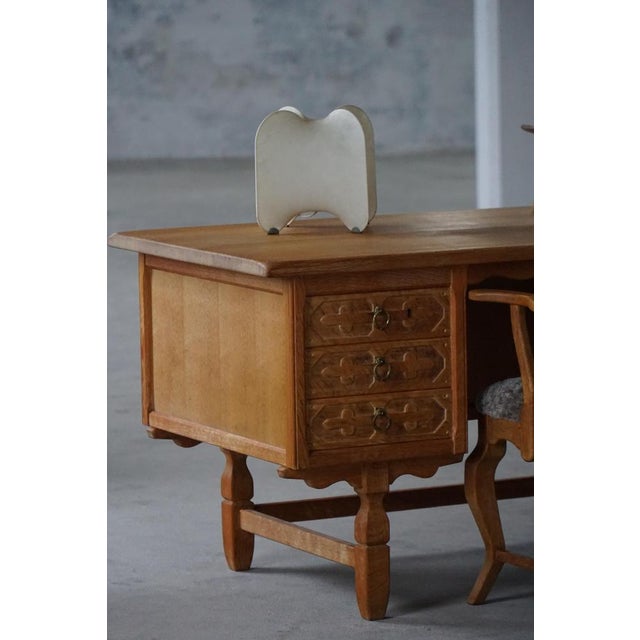 Brutalist Mid-Century Modern Freestanding Desk in Oak attributed to Henning Kjærnulf, Denmark, 1950s For Sale - Image 3 of 18