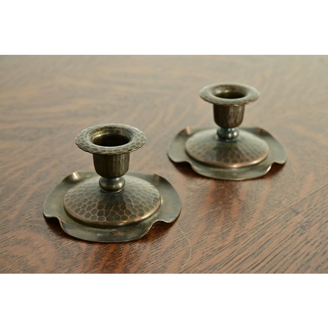 Roycroft Arts & Crafts Hammered Copper Candlesticks, Pair For Sale - Image 12 of 12