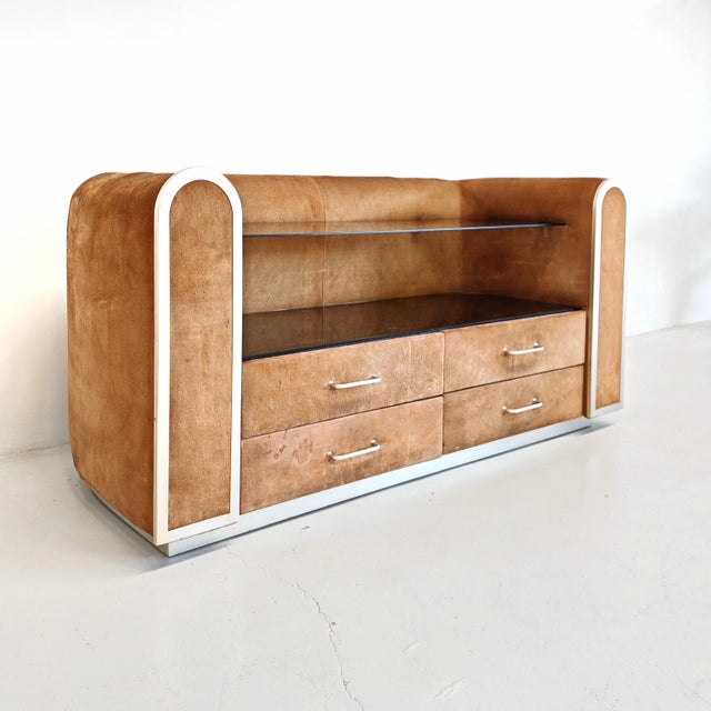 Vintage Space Age Chest of Drawers in Suede with Glass Shelf, 1970s, in Very Good conditions. Designed 1970 to 1979