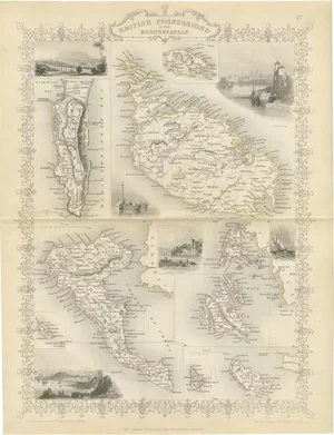 Map of British Mediterranean Territories with Images of Historic Sites, 1851