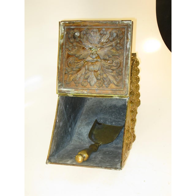 Metal Coal Box, Hod, Scuttle Antique Brass Scottish Victorian Embossed Man in the wood For Sale - Image 7 of 18