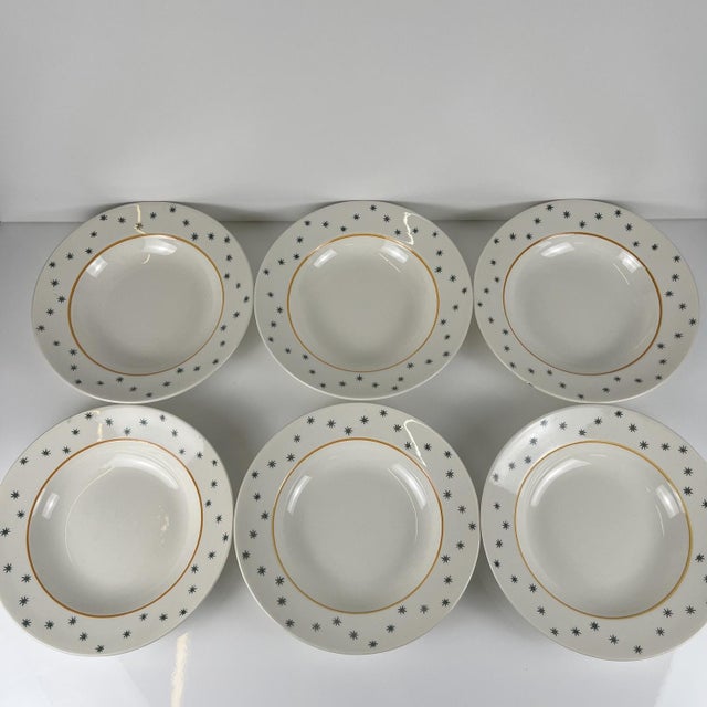 Set of 6 Gien soup plates, Primefleur design, "Constellation" pattern, 1950 Green stars and orange rim on a white/cream...