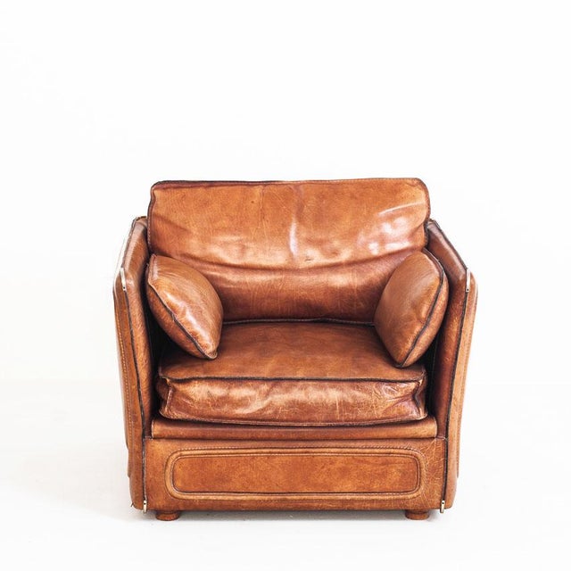 Vintage Camel Buffalo Leather Club Chair from Roche Bobois, France, 1980s For Sale - Image 4 of 18