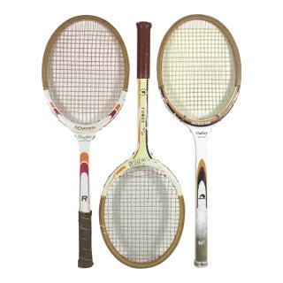 Curated Set of White Orange Brown Vintage Sport Tennis Rackets for Designer Decorating Wood Racquet Set of Three Sports Equipment For Sale