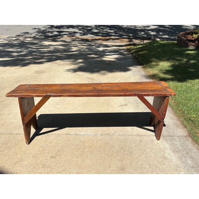 19th Century Antique Early American Americana Primitive Plank Wood Farm Bench, 19th Century For Sale - Image 5 of 18