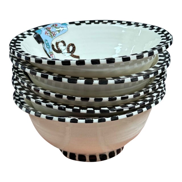 Robin Sterling for Barneys New York Handmade Pottery Western Style Cowboy Boot Checkerboard Bowls - Set of 5 For Sale