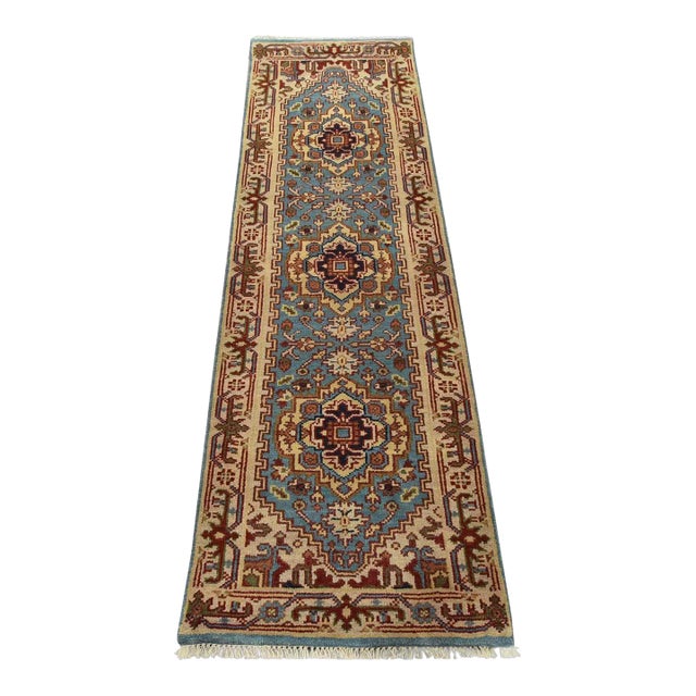 Heriz Runner 2’6” X 8’1” Blue Wool Tribal Hand-Knotted Oriental Rug For Sale