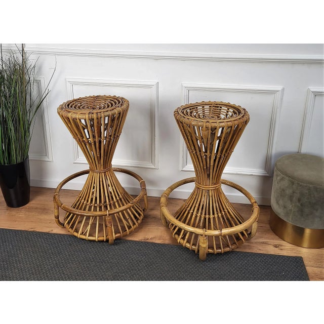 1960s Set of Italian Round Bar Stools in Bamboo, 1960s For Sale - Image 5 of 8