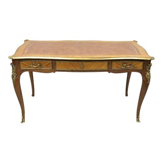 Mid 20th Century Vintage French Louis XV Style Walnut Leather Top Bronze Ormolu Writing Desk For Sale