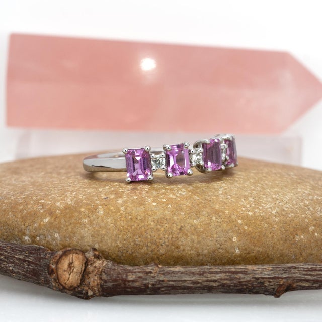 1.49Ct Pink Sapphire & Diamond Band in Solid 14k Gold - Emerald Cut 4x3mm, Size 6.75 For Sale In Columbus - Image 6 of 9