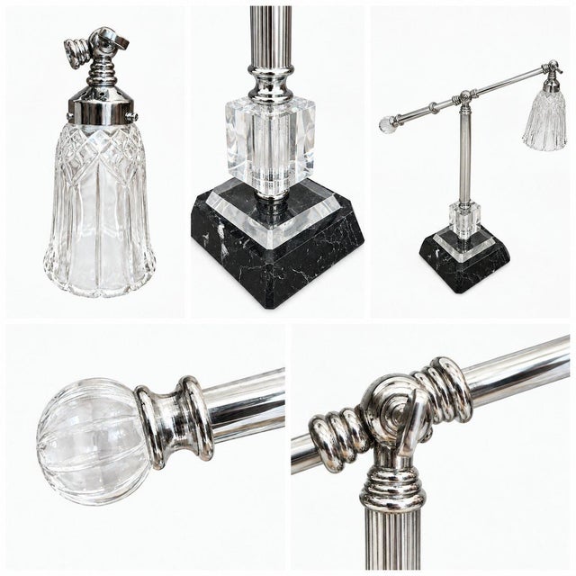 This elegant vintage desk lamp combines polished chrome, clear crystal, and black marble for a refined and timeless look....