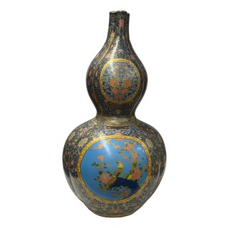 Oriental Purple Blue Gourd Shape Floral Graphic Porcelain Art Vase For Sale