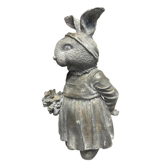 Rustic Vintage Cast Iron Anthropomorphic Rabbit Garden Statue With Bouquet For Sale - Image 3 of 12