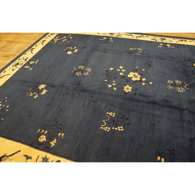 1930s Navy Blue Floral Deco Antique Chinese Peking Knotted Wool 9' X 11'4" Rug For Sale - Image 4 of 10
