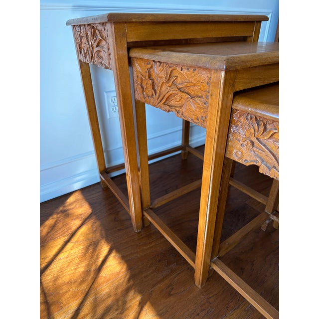 Brown Asian Carved Nesting Side Tables Set of 4 1960s For Sale - Image 8 of 12