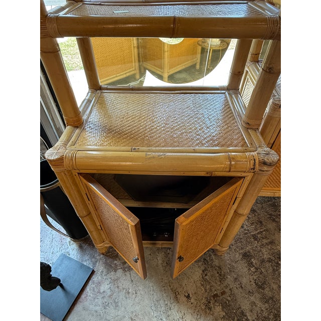 Brown Pair of Bamboo and Woven Rattan Bookcases With Cabinet Bases, 1970s For Sale - Image 8 of 13