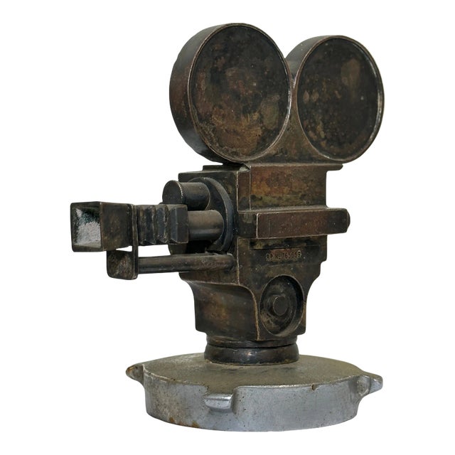 Early 20th Century Small Art Deco Movie Director Reel Camera Classic Car Mascot Model With Verdigris For Sale